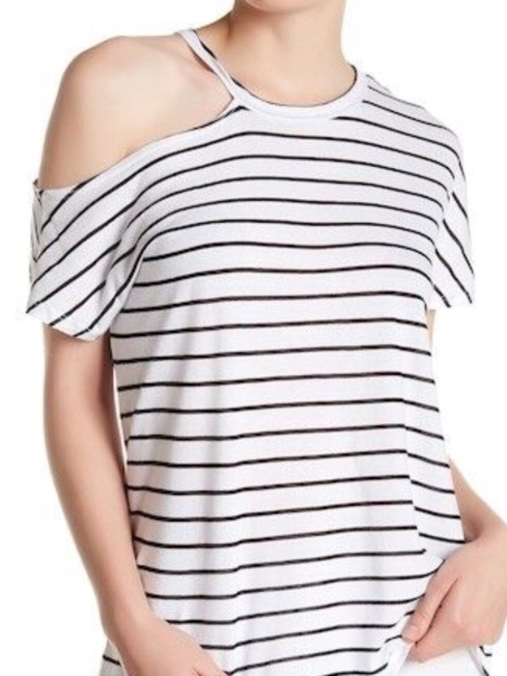 Stateside Cutout Stripe Slub Short Sleeve Tee Cut Out Cold Shoulder Black/White